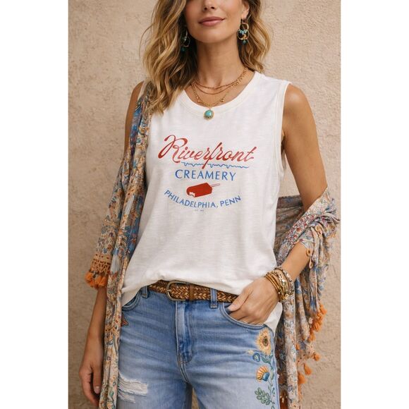 Pilcro Tops - Anthro X Pilcro Riverfront Creamery Vinnie Muscle Tee Graphic Top small NEW